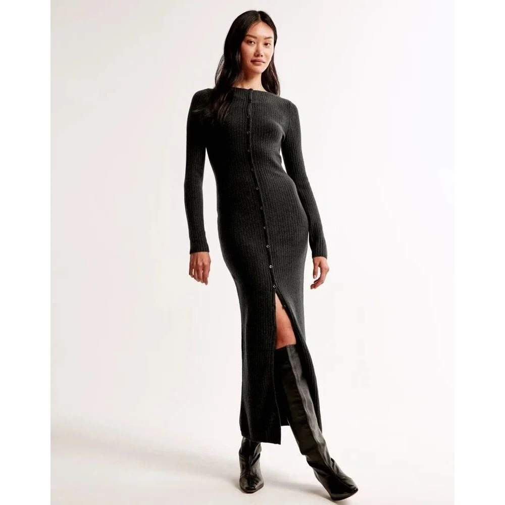 Abercrombie & Fitch Long Sleeve Maxi Sweater Dress MP Black Merino Wool Rib Knit